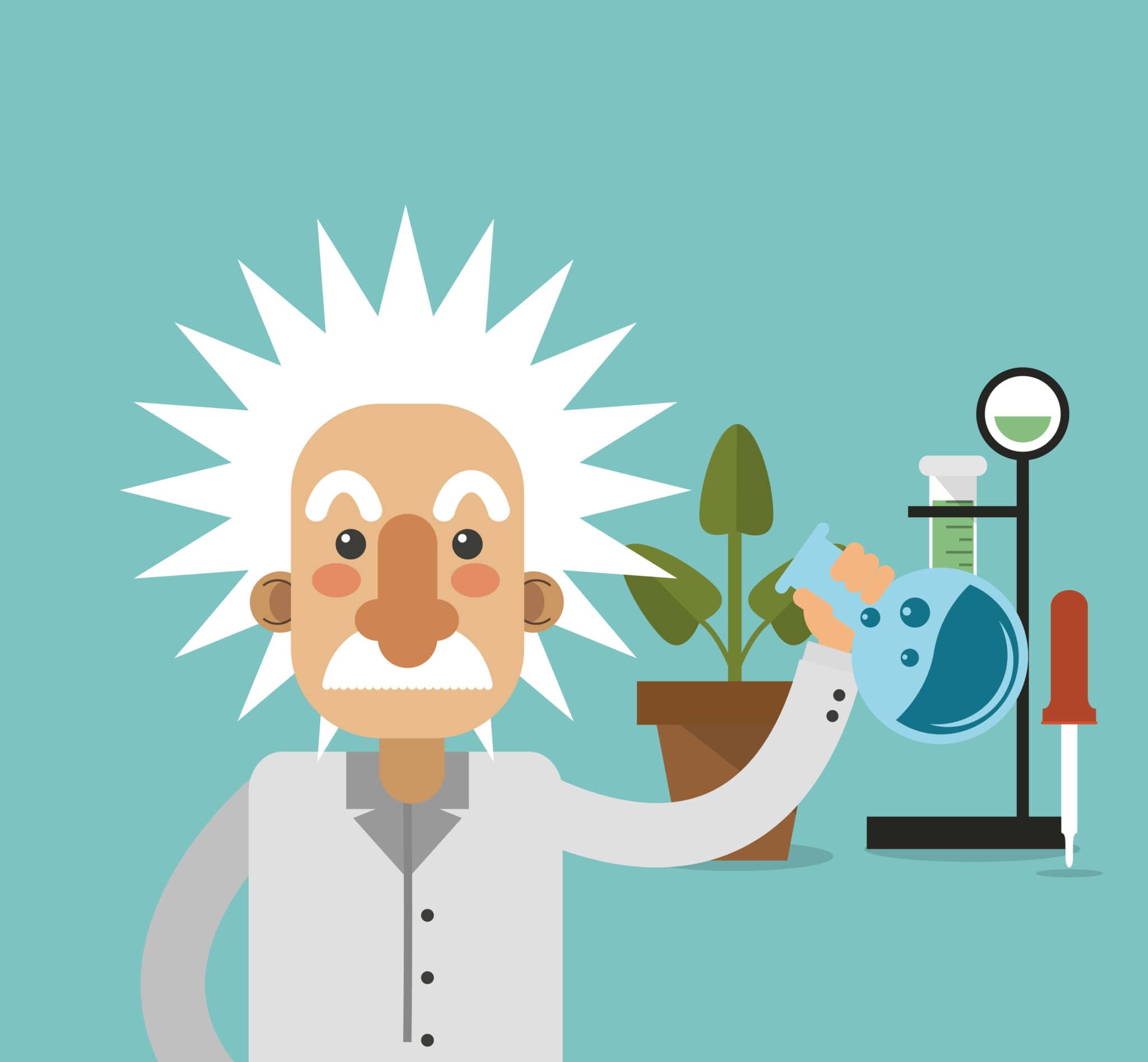 flat design albert einstein with science related icons image