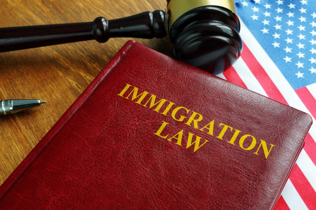 Immigration law act and USA flag.