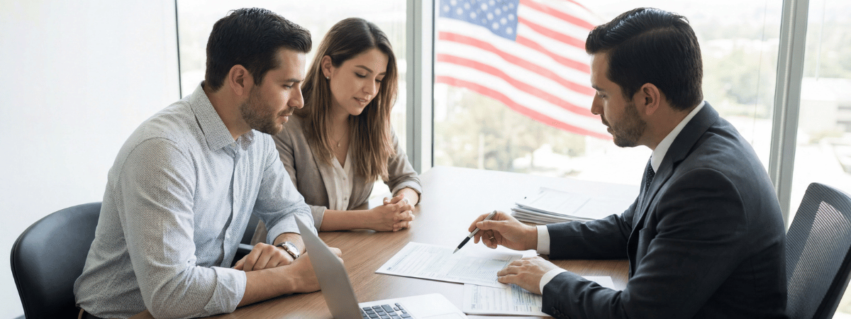 A couple speaking with an immigration attorney