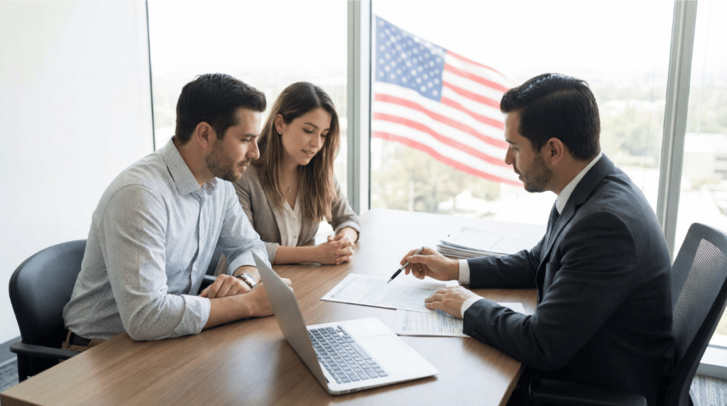 A couple speaking with an immigration attorney