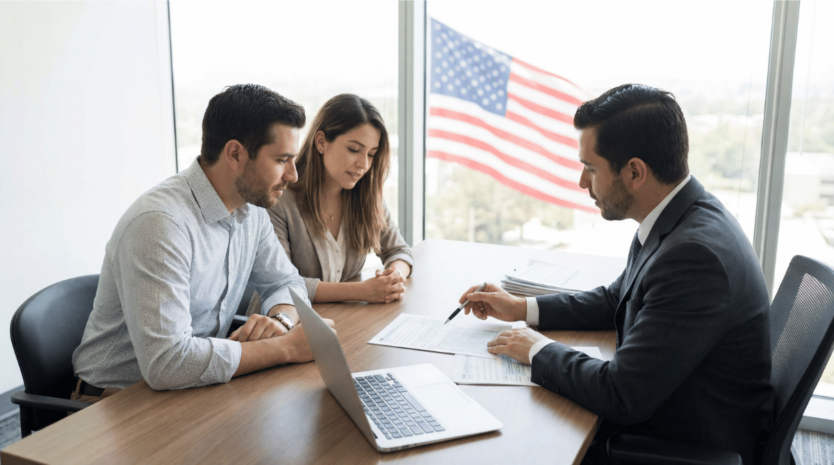 A couple speaking with an immigration attorney
